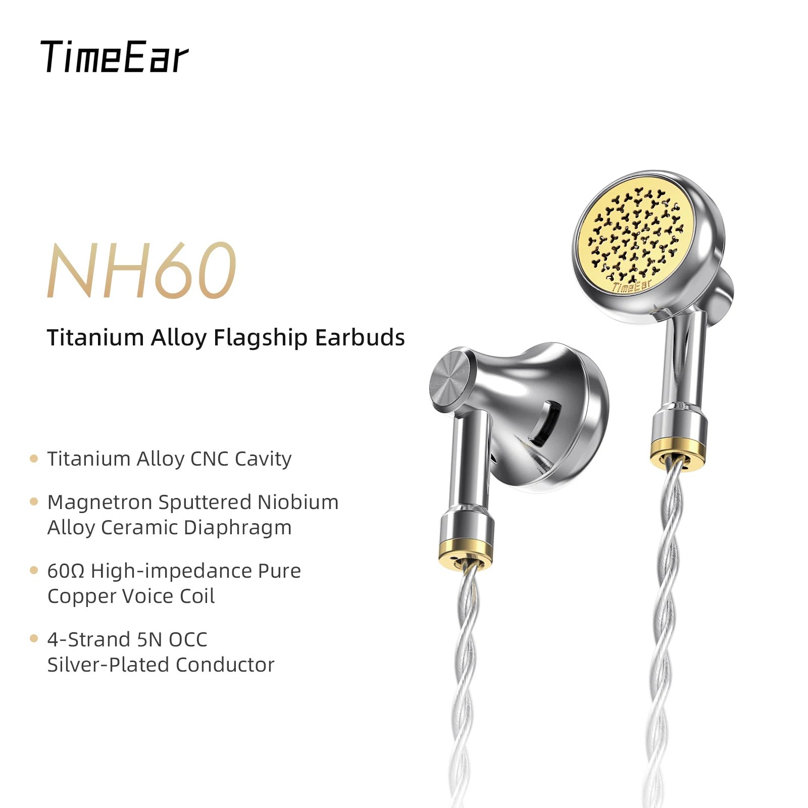 TimeEar NH60 Titanium Alloy Flagship Earbuds Nianhua earphone 60Ohms IEM TEN-99 Pro Coax cable for BTE-9